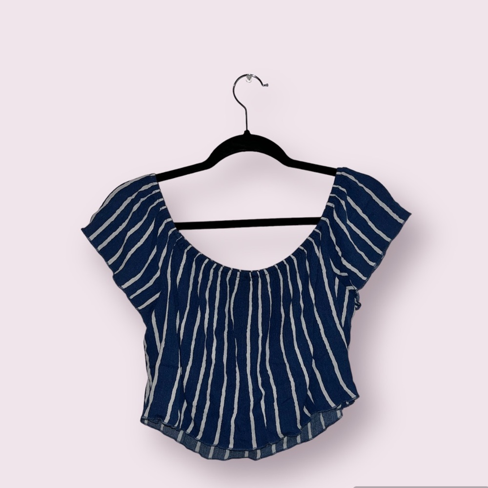 Off the shoulder cropped blue striped blouse